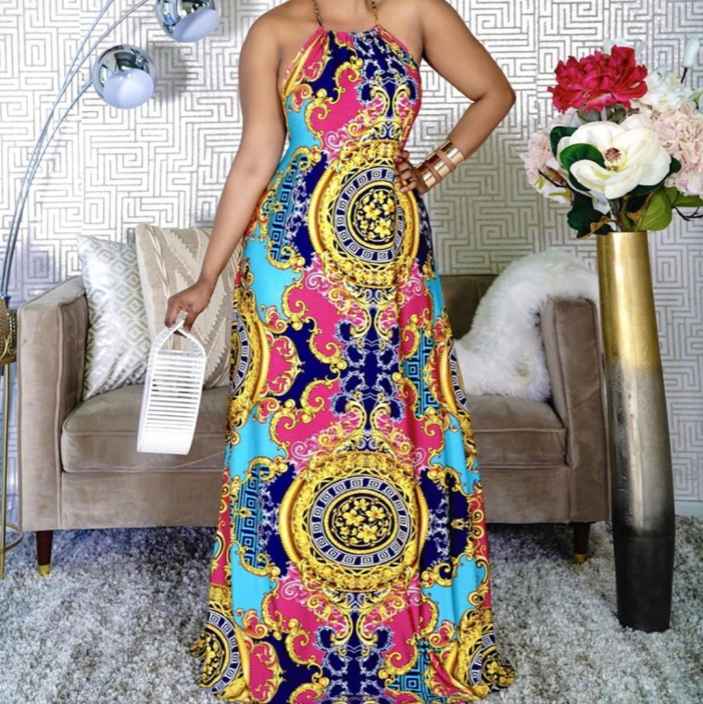 Womens Casual Halter Maxi Dress Backess Sleeveless National Print Dress